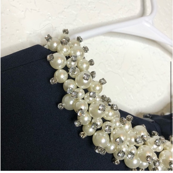 BETSEY JOHNSON Navy Cocktail Dress Crepe Pearl Diamond Collar Cap Sleeve - Picture 2 of 3